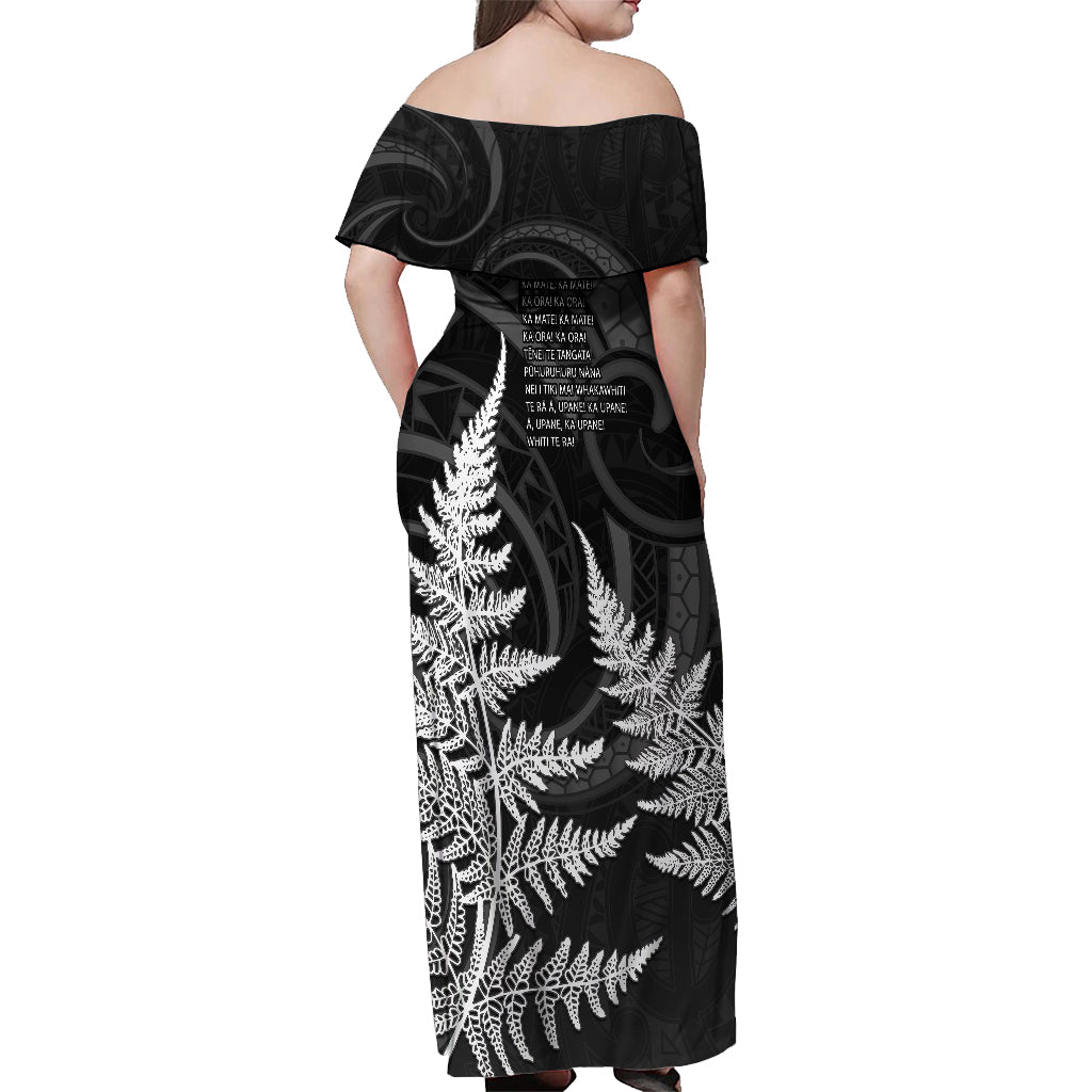 Personalised New Zealand Rugby Off Shoulder Maxi Dress Aotearoa Ka Mate Haka All Black Mix Ta Moko White Style - Wonder Print Shop