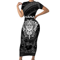 Personalised New Zealand Rugby Short Sleeve Bodycon Dress Aotearoa Ka Mate Haka All Black Mix Ta Moko White Style - Wonder Print Shop
