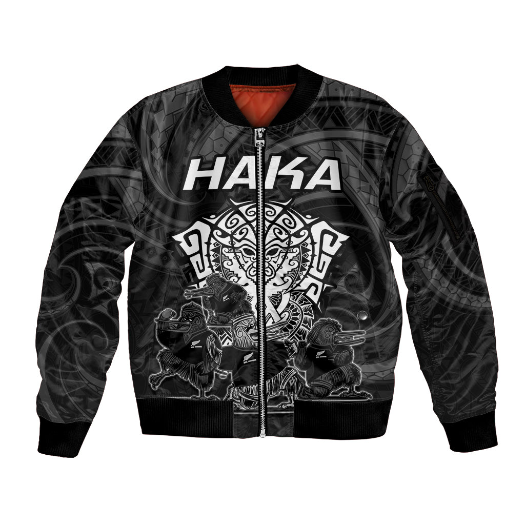 Personalised New Zealand Rugby Sleeve Zip Bomber Jacket Aotearoa Ka Mate Haka All Black Mix Ta Moko White Style - Wonder Print Shop