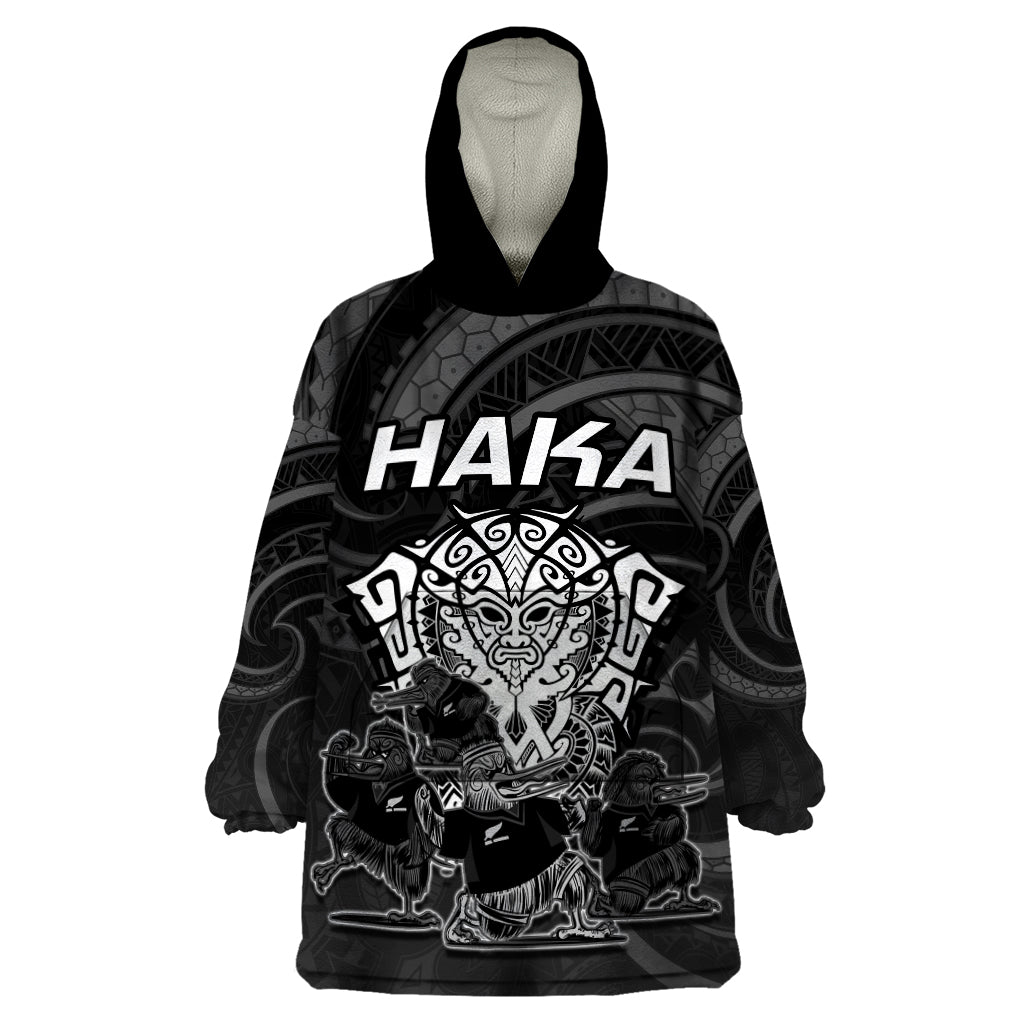 Personalised New Zealand Rugby Wearable Blanket Hoodie Aotearoa Ka Mate Haka All Black Mix Ta Moko White Style - Wonder Print Shop