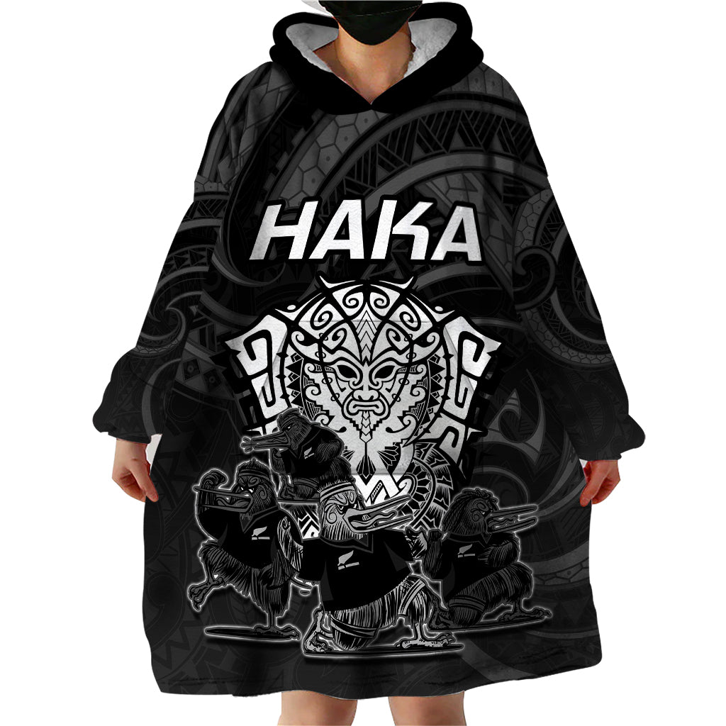 Personalised New Zealand Rugby Wearable Blanket Hoodie Aotearoa Ka Mate Haka All Black Mix Ta Moko White Style - Wonder Print Shop