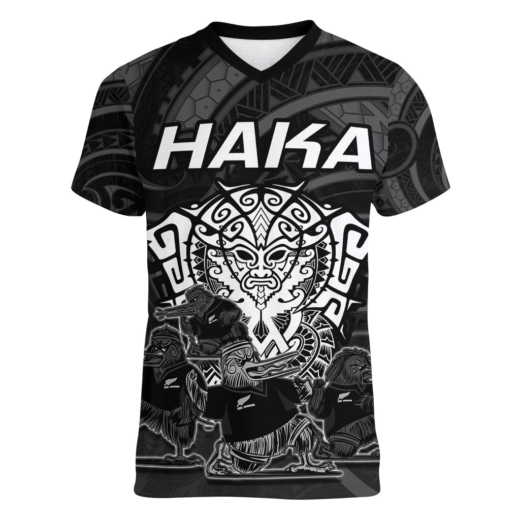 Personalised New Zealand Rugby Women V Neck T Shirt Aotearoa Ka Mate Haka All Black Mix Ta Moko White Style - Wonder Print Shop