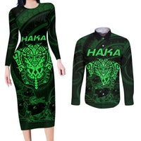 Personalised New Zealand Rugby Couples Matching Long Sleeve Bodycon Dress and Long Sleeve Button Shirts Aotearoa Ka Mate Haka All Black Mix Ta Moko Green Style LT9 - Wonder Print Shop