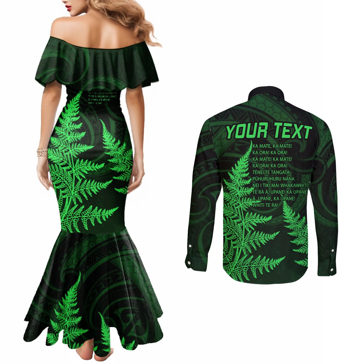 personalised-new-zealand-rugby-couples-matching-mermaid-dress-and-long-sleeve-button-shirts-aotearoa-ka-mate-haka-all-black-mix-ta-moko-green-style