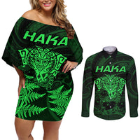 Personalised New Zealand Rugby Couples Matching Off Shoulder Short Dress and Long Sleeve Button Shirts Aotearoa Ka Mate Haka All Black Mix Ta Moko Green Style LT9 - Wonder Print Shop