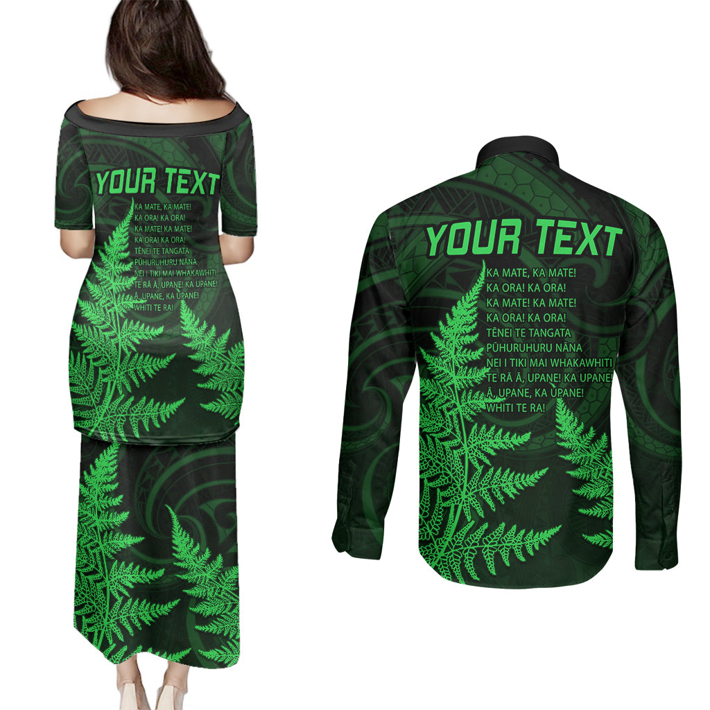 Personalised New Zealand Rugby Couples Matching Puletasi Dress and Long Sleeve Button Shirts Aotearoa Ka Mate Haka All Black Mix Ta Moko Green Style LT9 - Wonder Print Shop