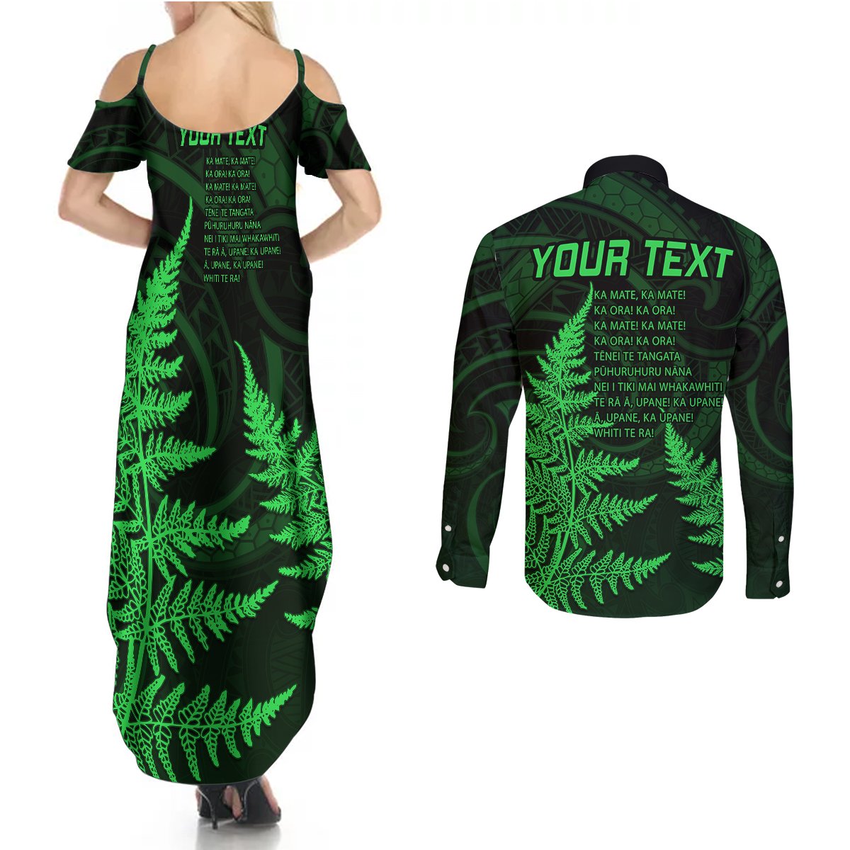 Personalised New Zealand Rugby Couples Matching Summer Maxi Dress and Long Sleeve Button Shirts Aotearoa Ka Mate Haka All Black Mix Ta Moko Green Style LT9 - Wonder Print Shop