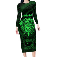 Personalised New Zealand Rugby Long Sleeve Bodycon Dress Aotearoa Ka Mate Haka All Black Mix Ta Moko Green Style - Wonder Print Shop