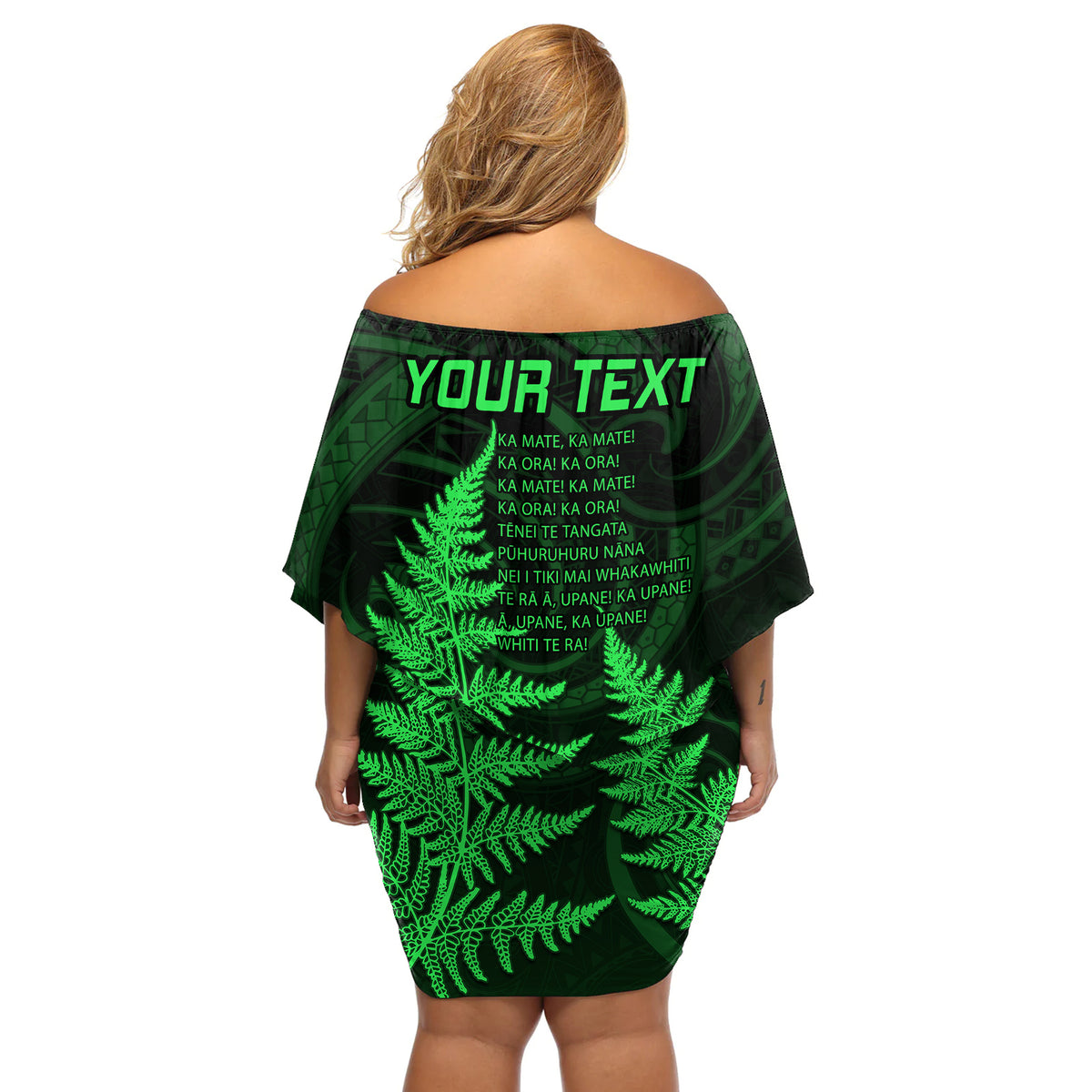 Personalised New Zealand Rugby Off Shoulder Short Dress Aotearoa Ka Mate Haka All Black Mix Ta Moko Green Style - Wonder Print Shop