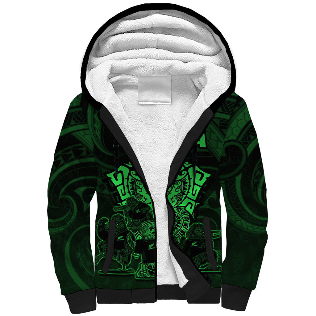 Personalised New Zealand Rugby Sherpa Hoodie Aotearoa Ka Mate Haka All Black Mix Ta Moko Green Style - Wonder Print Shop