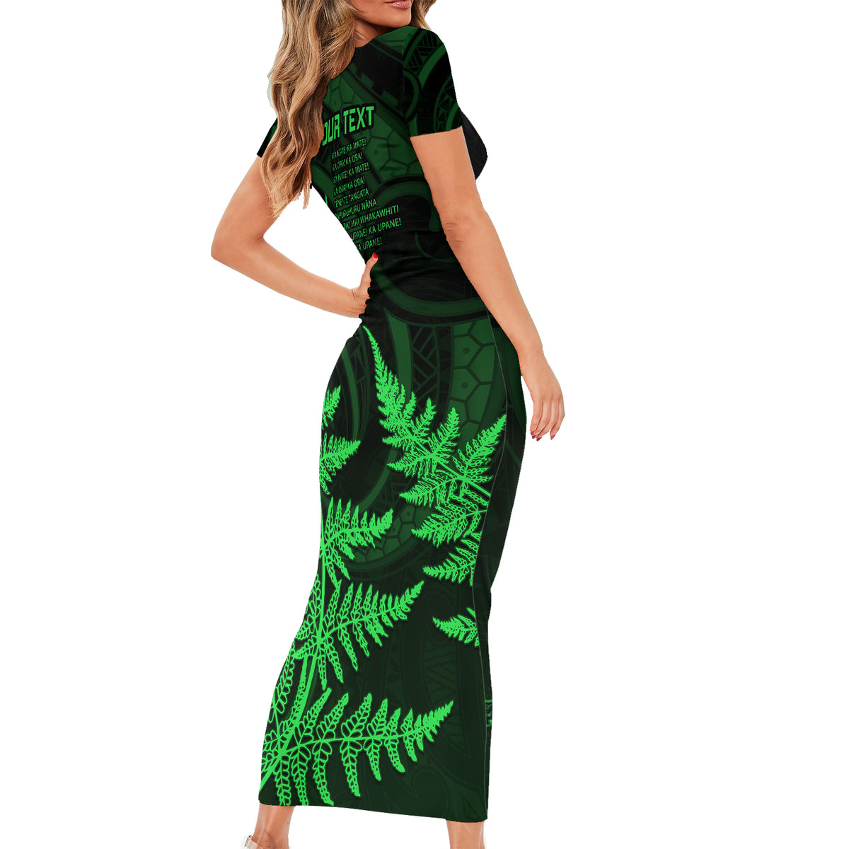 Personalised New Zealand Rugby Short Sleeve Bodycon Dress Aotearoa Ka Mate Haka All Black Mix Ta Moko Green Style - Wonder Print Shop