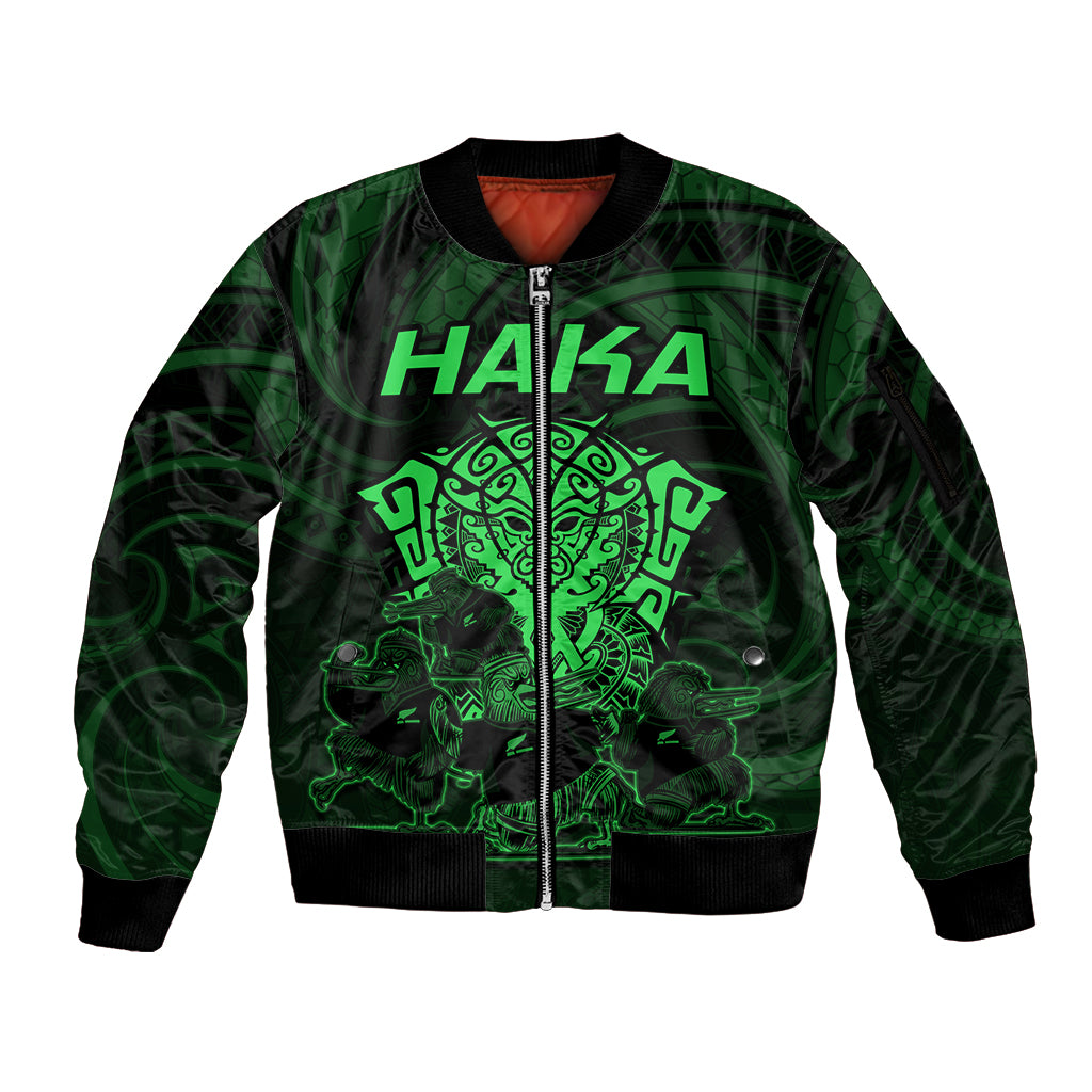 Personalised New Zealand Rugby Sleeve Zip Bomber Jacket Aotearoa Ka Mate Haka All Black Mix Ta Moko Green Style - Wonder Print Shop