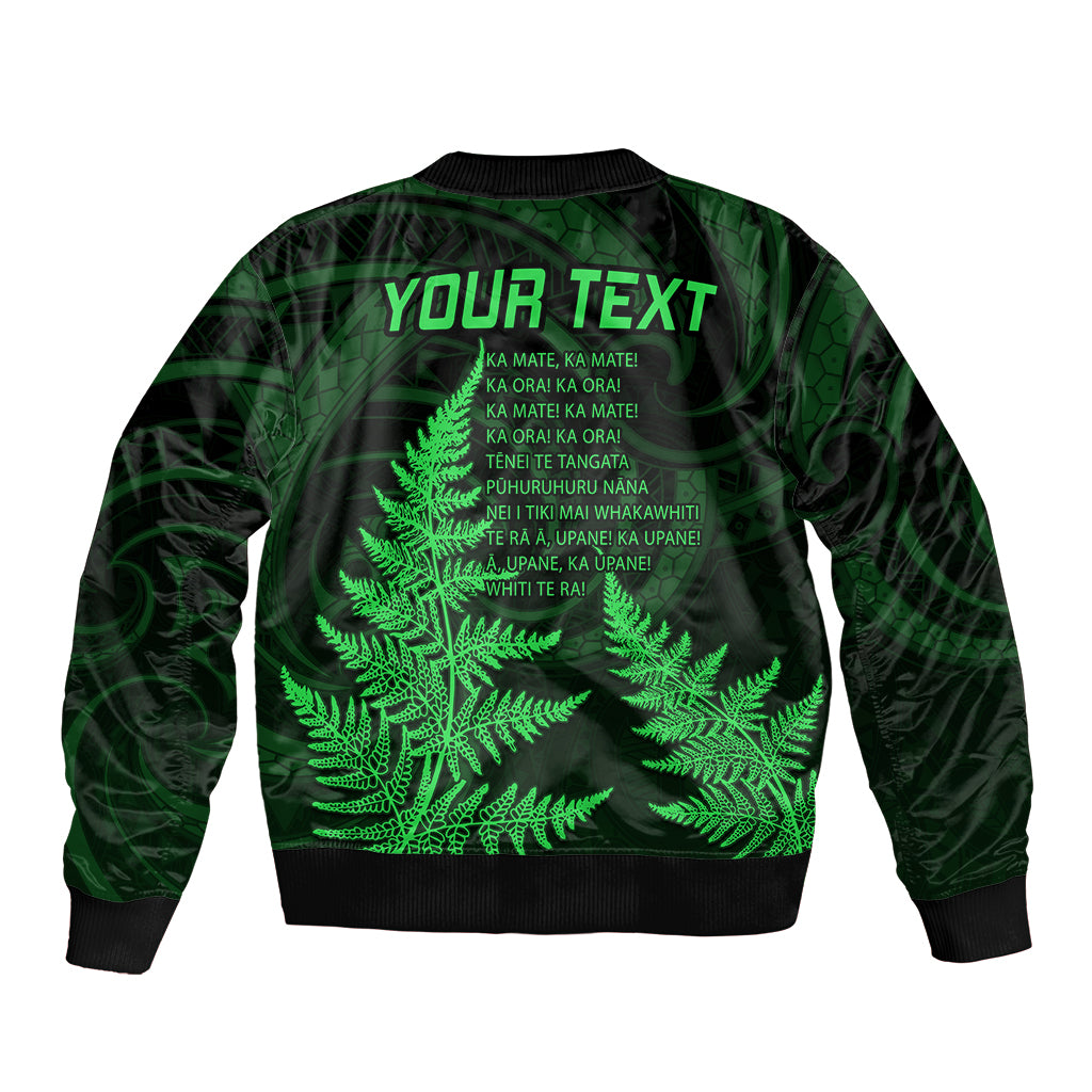 Personalised New Zealand Rugby Sleeve Zip Bomber Jacket Aotearoa Ka Mate Haka All Black Mix Ta Moko Green Style - Wonder Print Shop