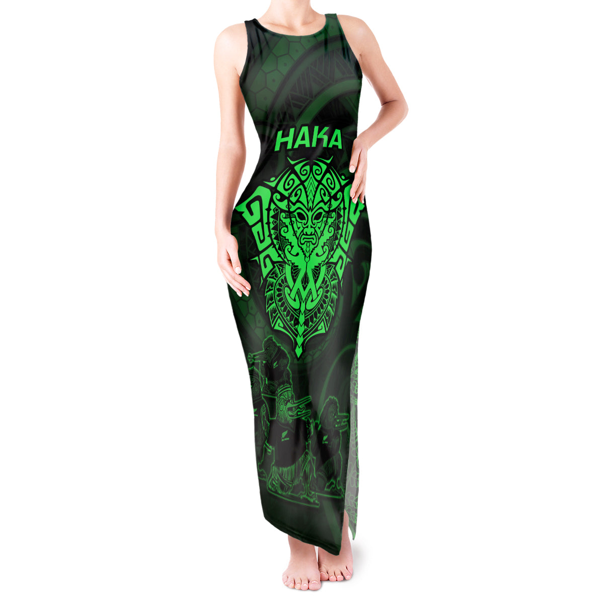 Personalised New Zealand Rugby Tank Maxi Dress Aotearoa Ka Mate Haka All Black Mix Ta Moko Green Style - Wonder Print Shop