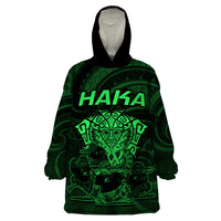 Personalised New Zealand Rugby Wearable Blanket Hoodie Aotearoa Ka Mate Haka All Black Mix Ta Moko Green Style - Wonder Print Shop