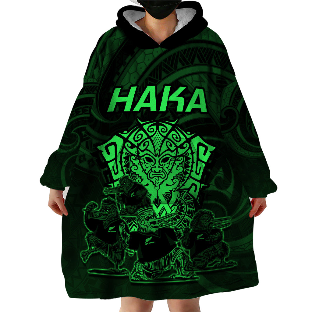 Personalised New Zealand Rugby Wearable Blanket Hoodie Aotearoa Ka Mate Haka All Black Mix Ta Moko Green Style - Wonder Print Shop