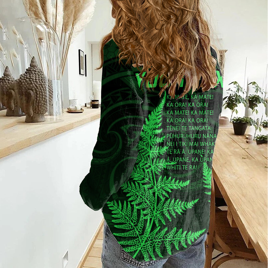 Personalised New Zealand Rugby Women Casual Shirt Aotearoa Ka Mate Haka All Black Mix Ta Moko Green Style - Wonder Print Shop