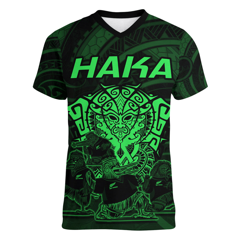 Personalised New Zealand Rugby Women V Neck T Shirt Aotearoa Ka Mate Haka All Black Mix Ta Moko Green Style - Wonder Print Shop