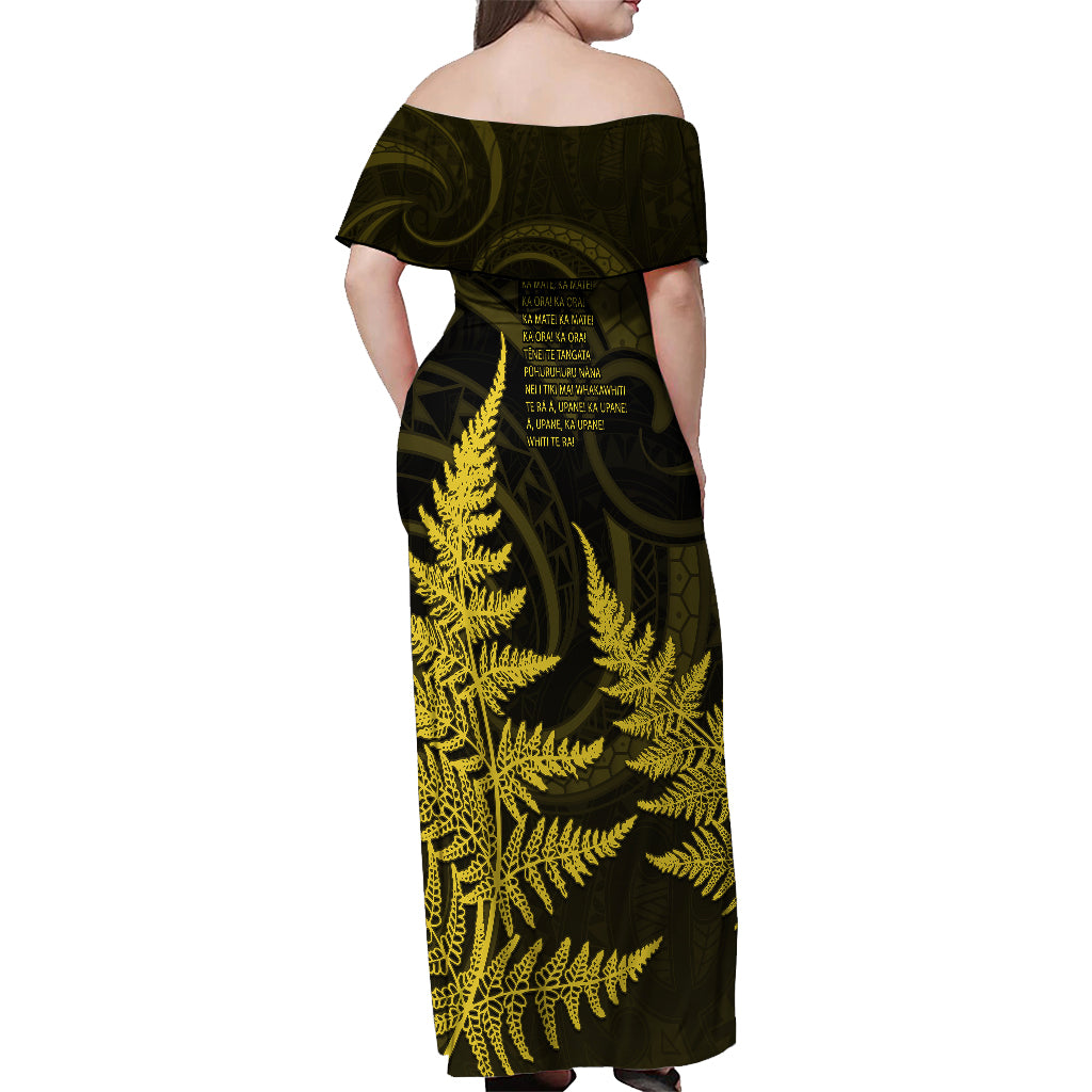 Personalised New Zealand Rugby Off Shoulder Maxi Dress Aotearoa Ka Mate Haka All Black Mix Ta Moko Gold Style - Wonder Print Shop