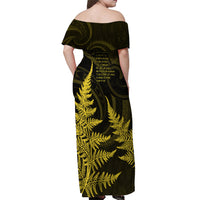 Personalised New Zealand Rugby Off Shoulder Maxi Dress Aotearoa Ka Mate Haka All Black Mix Ta Moko Gold Style - Wonder Print Shop