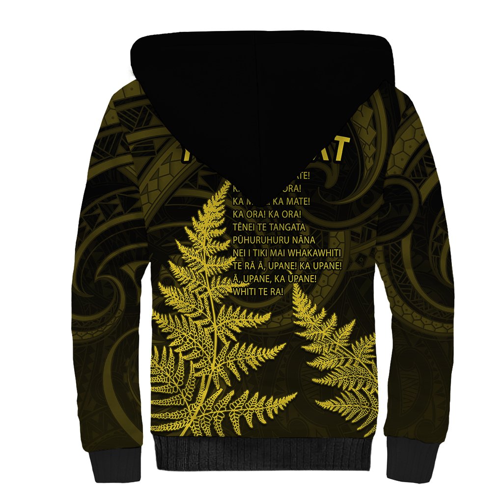Personalised New Zealand Rugby Sherpa Hoodie Aotearoa Ka Mate Haka All Black Mix Ta Moko Gold Style - Wonder Print Shop