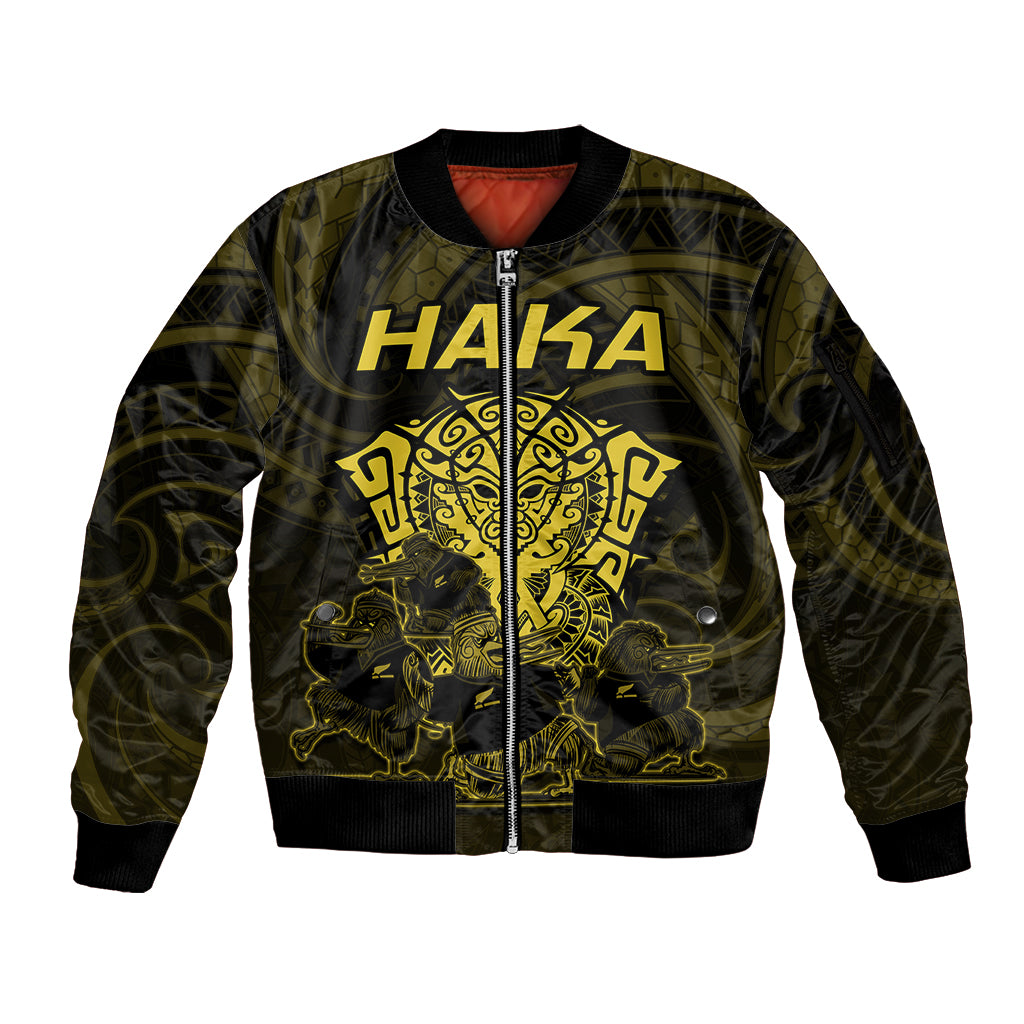 Personalised New Zealand Rugby Sleeve Zip Bomber Jacket Aotearoa Ka Mate Haka All Black Mix Ta Moko Gold Style - Wonder Print Shop