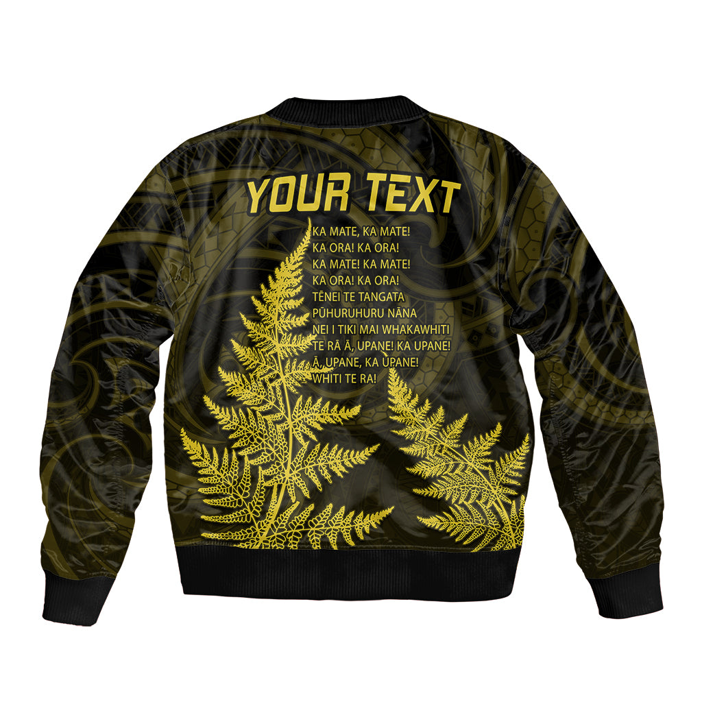 Personalised New Zealand Rugby Sleeve Zip Bomber Jacket Aotearoa Ka Mate Haka All Black Mix Ta Moko Gold Style - Wonder Print Shop
