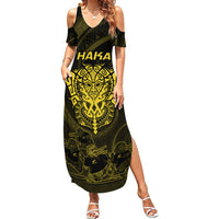 Personalised New Zealand Rugby Summer Maxi Dress Aotearoa Ka Mate Haka All Black Mix Ta Moko Gold Style - Wonder Print Shop