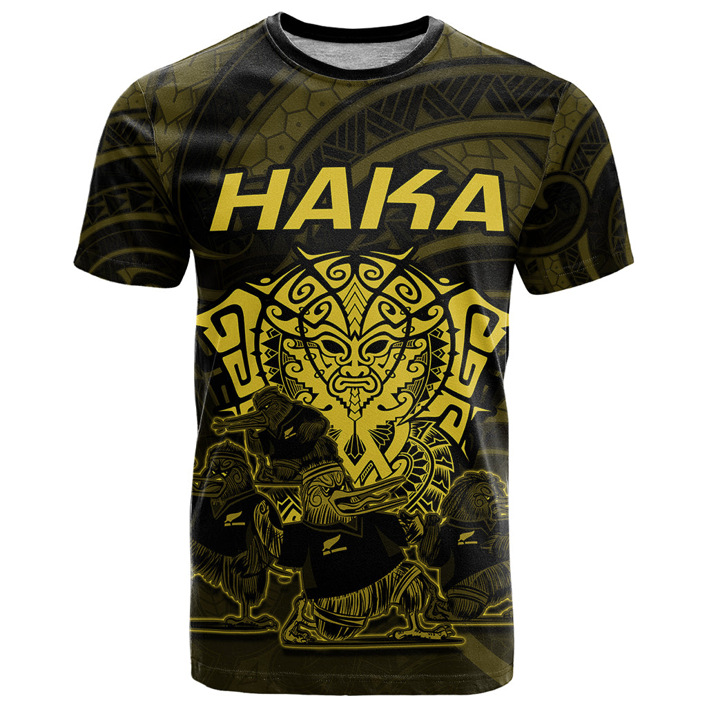 Personalised New Zealand Rugby T Shirt Aotearoa Ka Mate Haka All Black Mix Ta Moko Gold Style - Wonder Print Shop