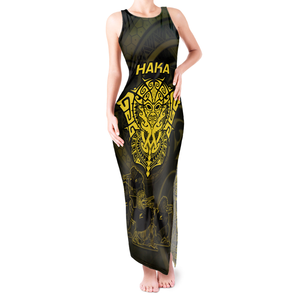 Personalised New Zealand Rugby Tank Maxi Dress Aotearoa Ka Mate Haka All Black Mix Ta Moko Gold Style - Wonder Print Shop