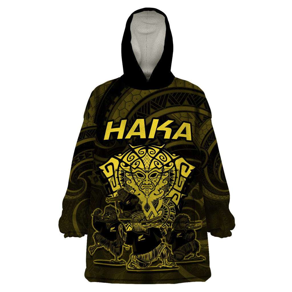 Personalised New Zealand Rugby Wearable Blanket Hoodie Aotearoa Ka Mate Haka All Black Mix Ta Moko Gold Style - Wonder Print Shop