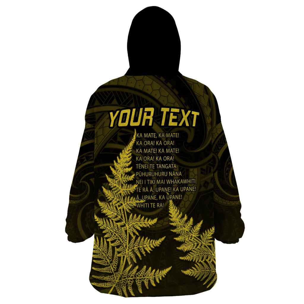 Personalised New Zealand Rugby Wearable Blanket Hoodie Aotearoa Ka Mate Haka All Black Mix Ta Moko Gold Style - Wonder Print Shop