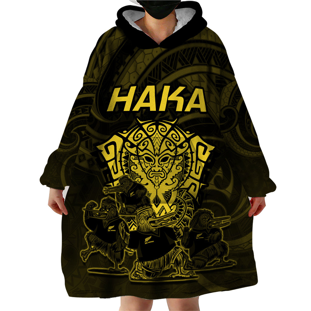 Personalised New Zealand Rugby Wearable Blanket Hoodie Aotearoa Ka Mate Haka All Black Mix Ta Moko Gold Style - Wonder Print Shop