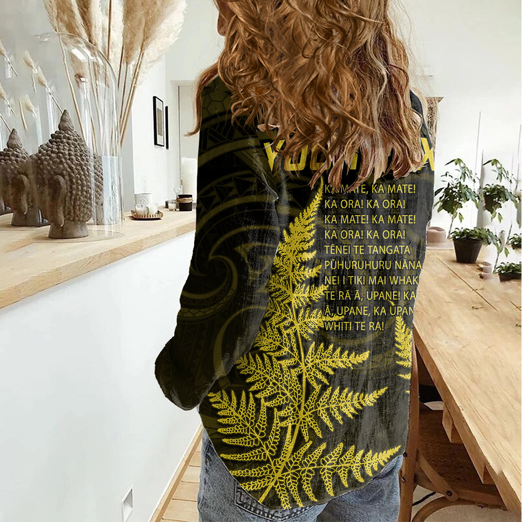 Personalised New Zealand Rugby Women Casual Shirt Aotearoa Ka Mate Haka All Black Mix Ta Moko Gold Style - Wonder Print Shop