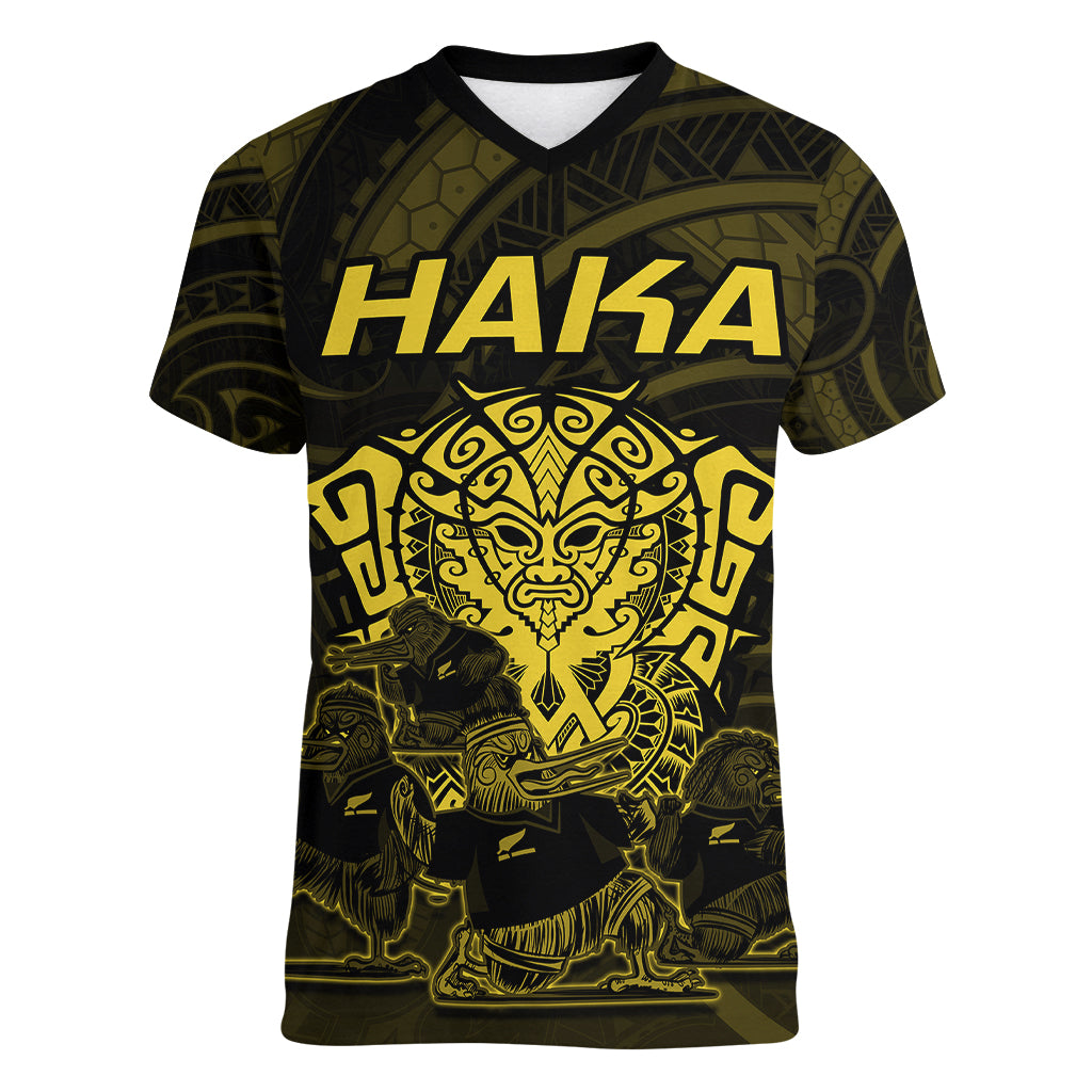 Personalised New Zealand Rugby Women V Neck T Shirt Aotearoa Ka Mate Haka All Black Mix Ta Moko Gold Style - Wonder Print Shop