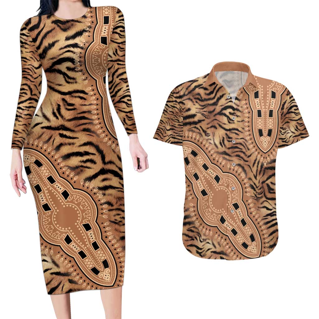 Africa Tiger Mix Dashiki Tribal Pattern Couples Matching Long Sleeve Bodycon Dress and Hawaiian Shirt LT9 - Wonder Print Shop