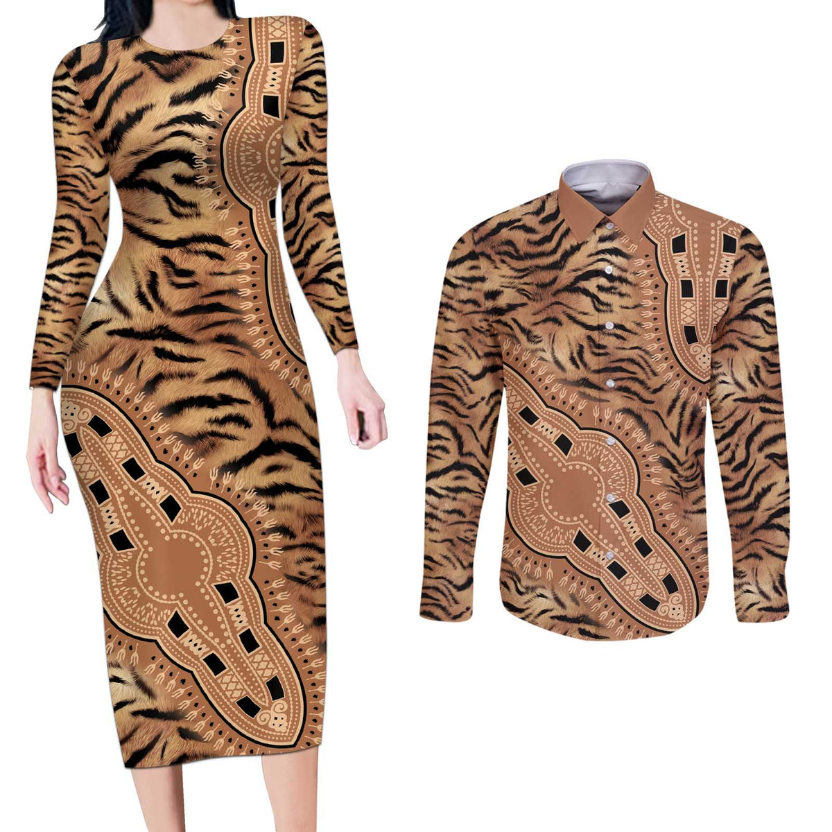Africa Tiger Mix Dashiki Tribal Pattern Couples Matching Long Sleeve Bodycon Dress and Long Sleeve Button Shirt LT9 - Wonder Print Shop