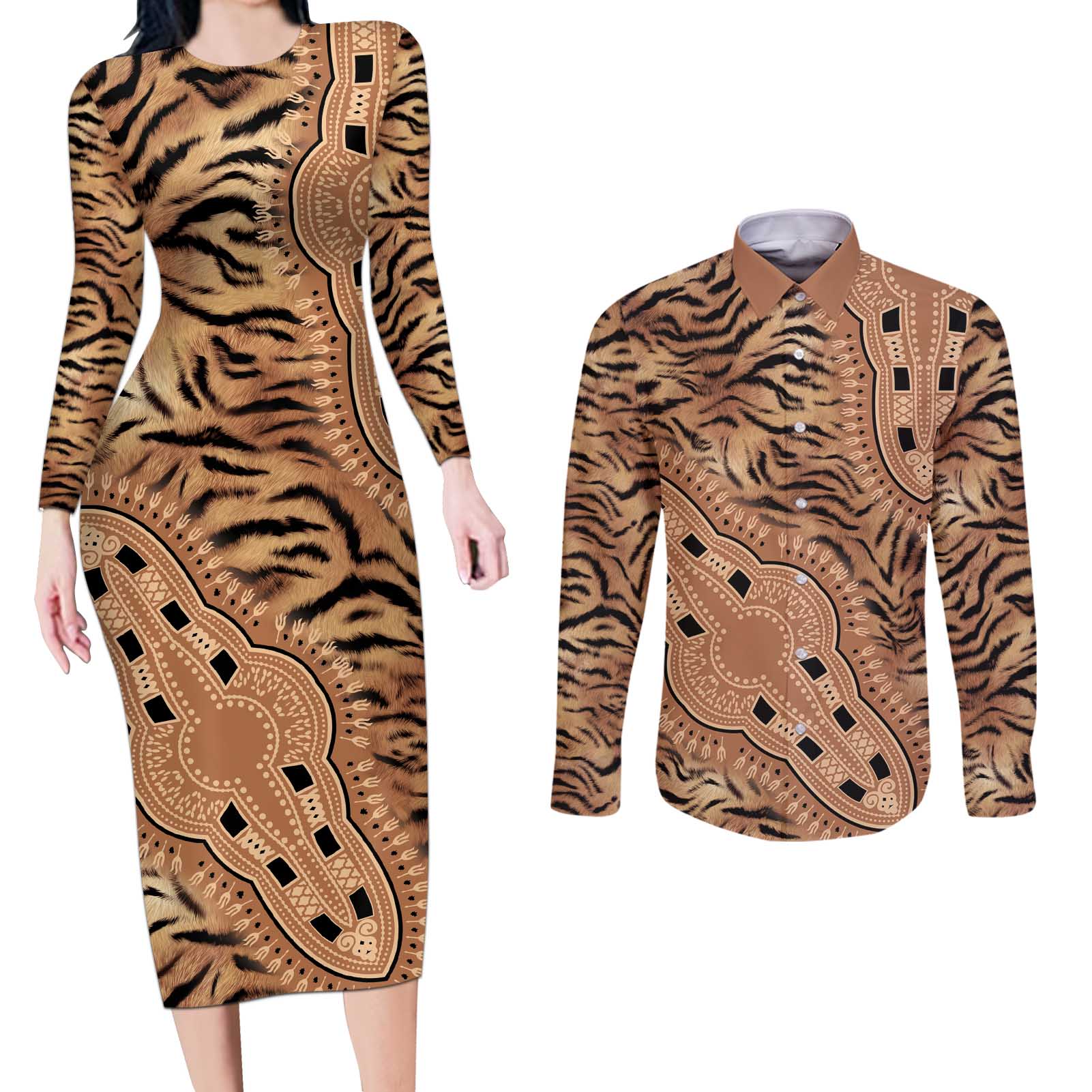 Africa Tiger Mix Dashiki Tribal Pattern Couples Matching Long Sleeve Bodycon Dress and Long Sleeve Button Shirt LT9 - Wonder Print Shop