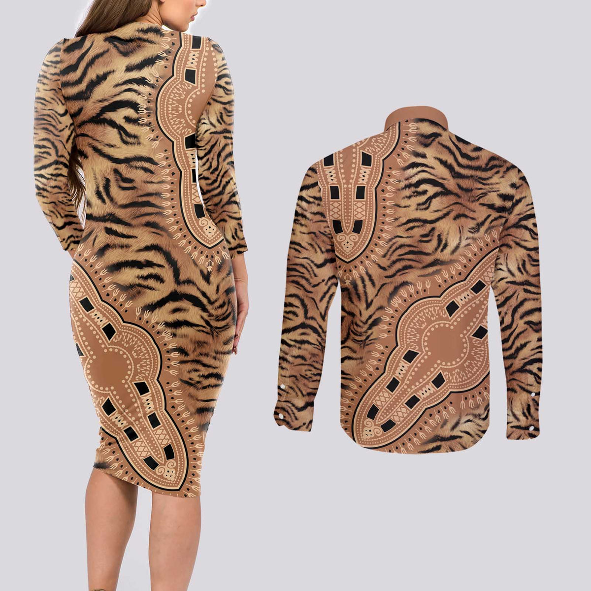 Africa Tiger Mix Dashiki Tribal Pattern Couples Matching Long Sleeve Bodycon Dress and Long Sleeve Button Shirt LT9 - Wonder Print Shop