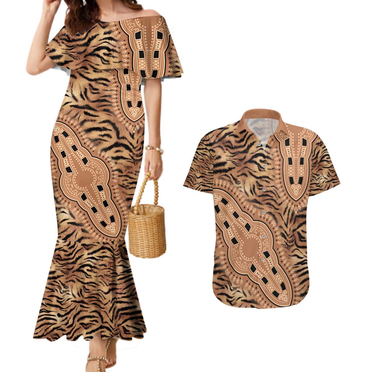 Africa Tiger Mix Dashiki Tribal Pattern Couples Matching Mermaid Dress and Hawaiian Shirt LT9 - Wonder Print Shop