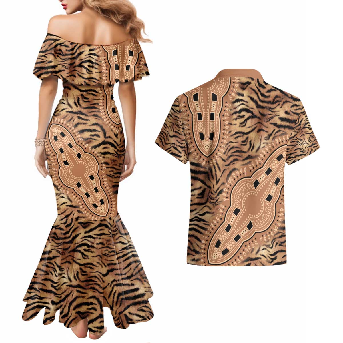 Africa Tiger Mix Dashiki Tribal Pattern Couples Matching Mermaid Dress and Hawaiian Shirt LT9 - Wonder Print Shop