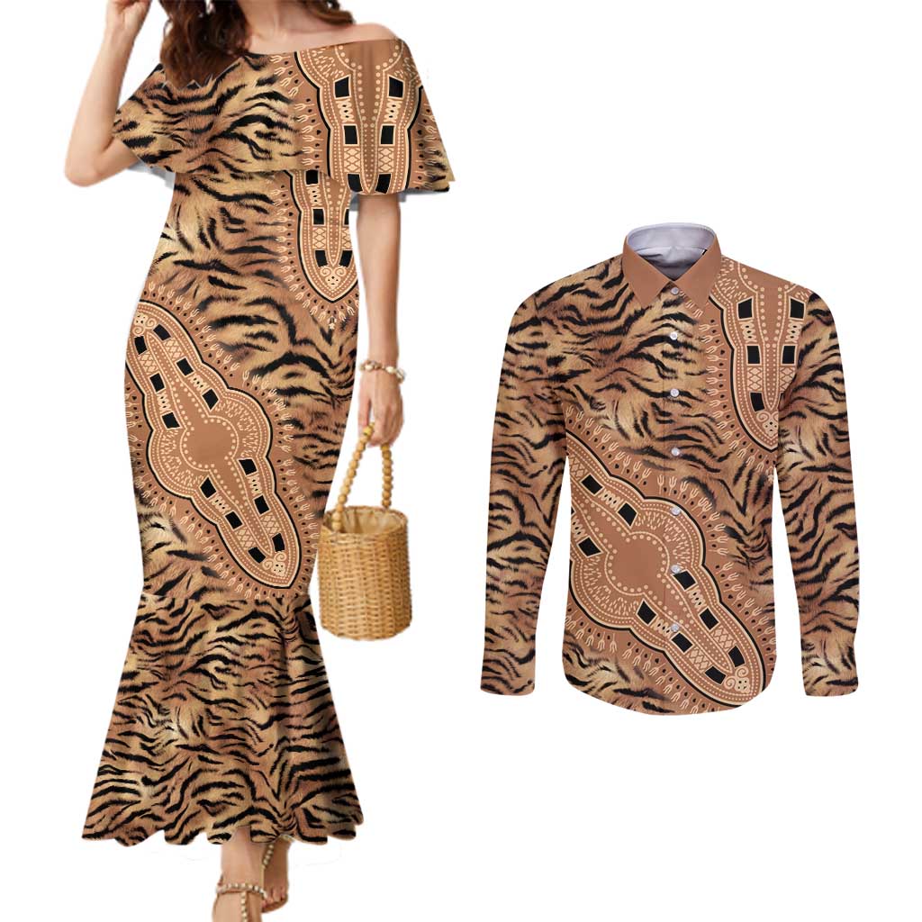 Africa Tiger Mix Dashiki Tribal Pattern Couples Matching Mermaid Dress and Long Sleeve Button Shirt