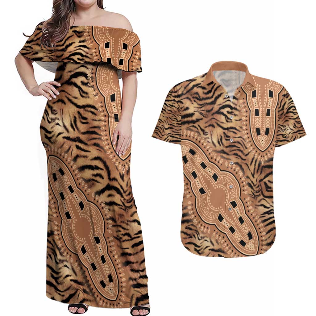 Africa Tiger Mix Dashiki Tribal Pattern Couples Matching Off Shoulder Maxi Dress and Hawaiian Shirt LT9 - Wonder Print Shop