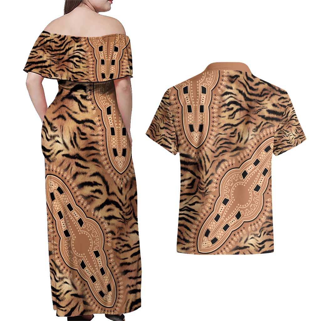 Africa Tiger Mix Dashiki Tribal Pattern Couples Matching Off Shoulder Maxi Dress and Hawaiian Shirt LT9 - Wonder Print Shop