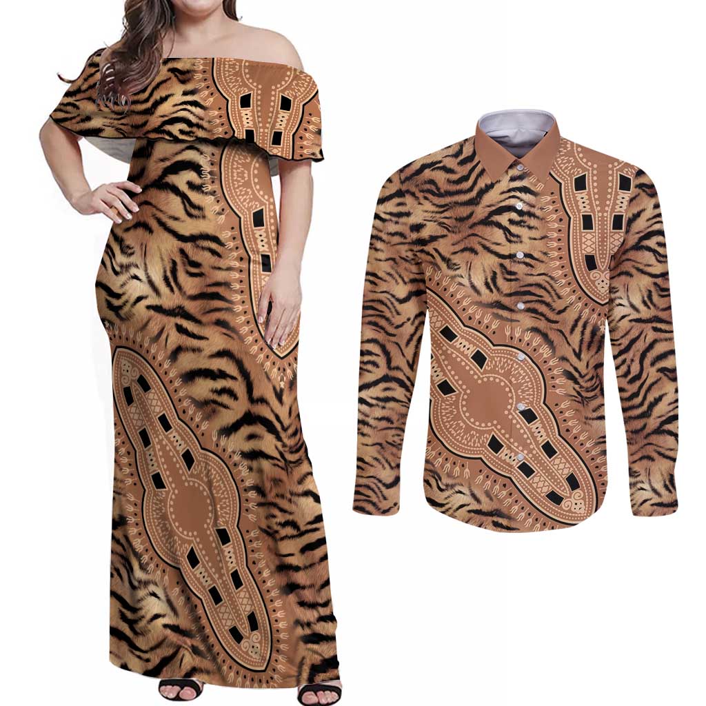 Africa Tiger Mix Dashiki Tribal Pattern Couples Matching Off Shoulder Maxi Dress and Long Sleeve Button Shirt LT9 - Wonder Print Shop