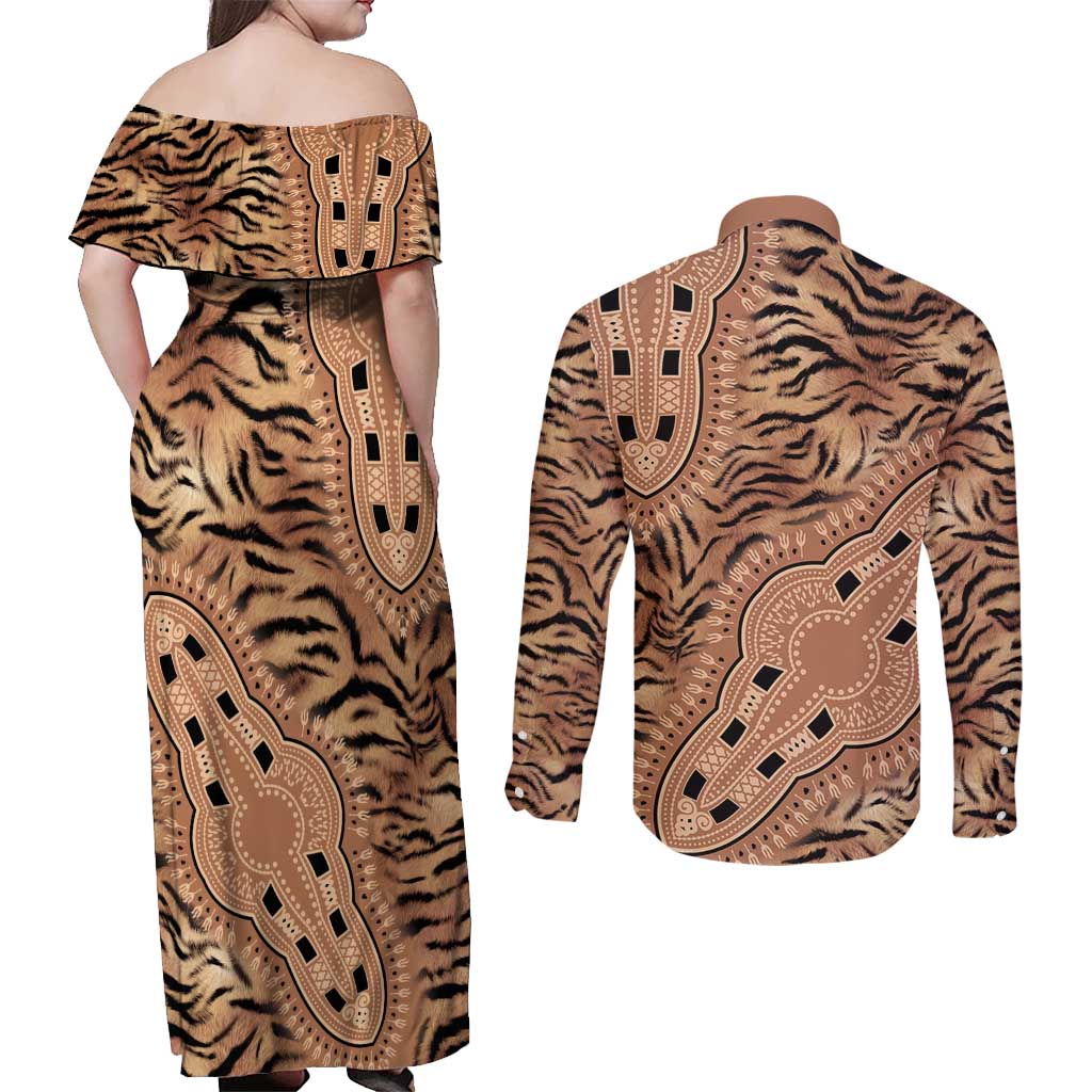 Africa Tiger Mix Dashiki Tribal Pattern Couples Matching Off Shoulder Maxi Dress and Long Sleeve Button Shirt LT9 - Wonder Print Shop
