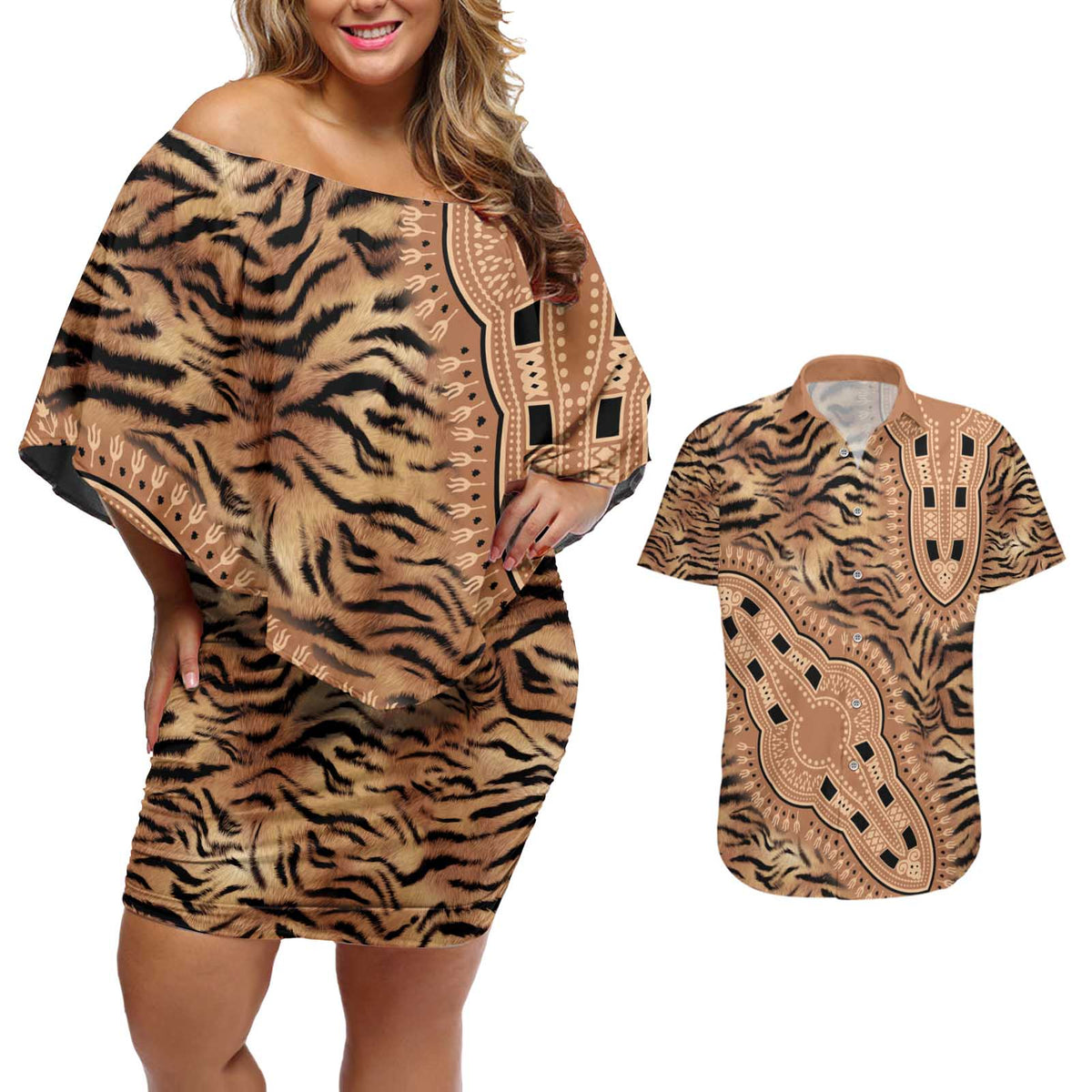 Africa Tiger Mix Dashiki Tribal Pattern Couples Matching Off Shoulder Short Dress and Hawaiian Shirt LT9 - Wonder Print Shop
