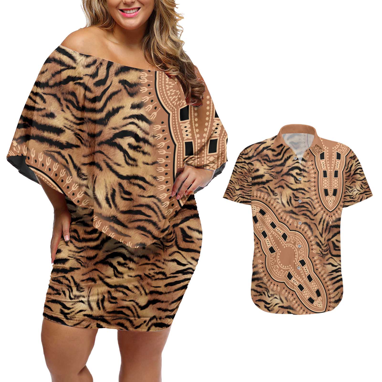 Africa Tiger Mix Dashiki Tribal Pattern Couples Matching Off Shoulder Short Dress and Hawaiian Shirt LT9 - Wonder Print Shop