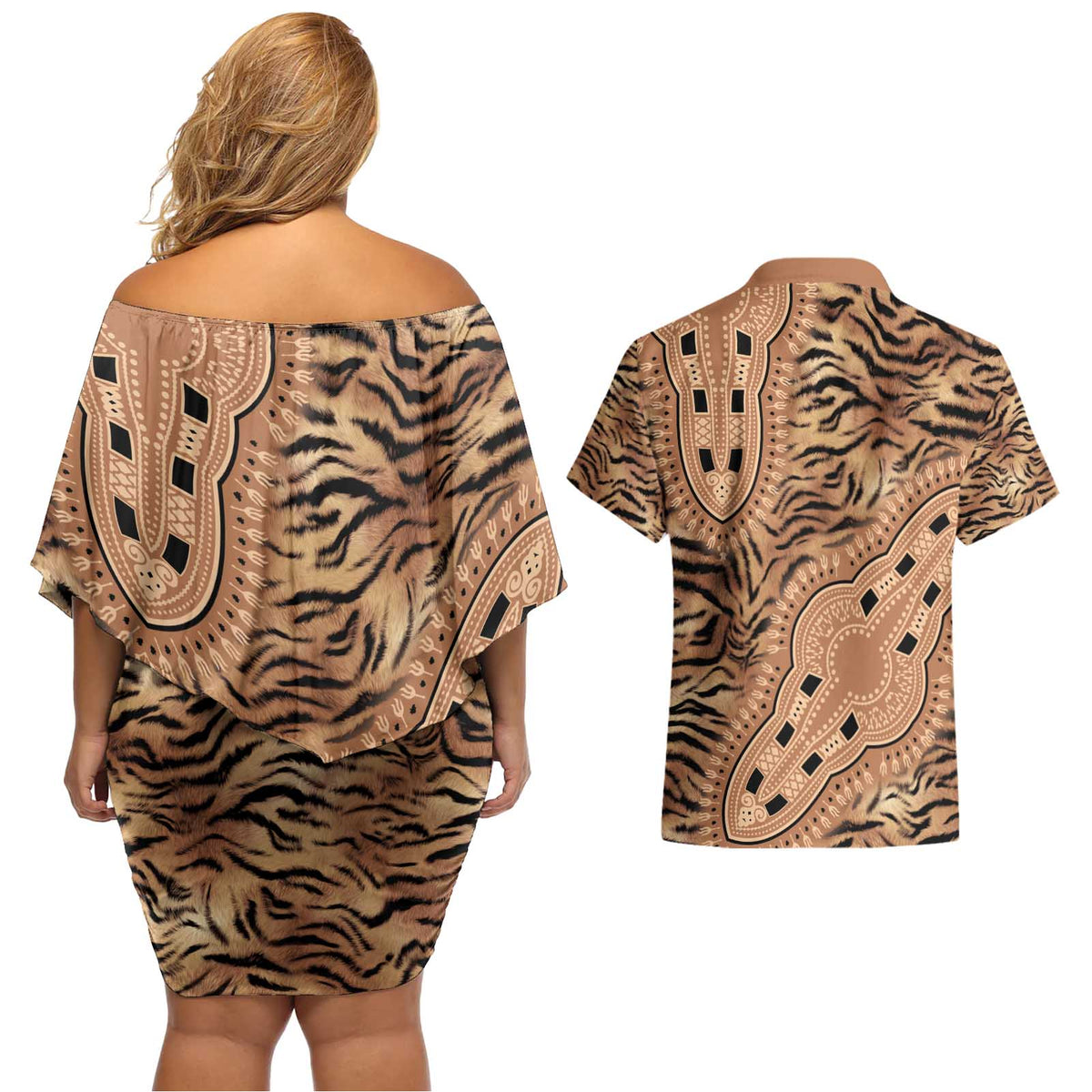 Africa Tiger Mix Dashiki Tribal Pattern Couples Matching Off Shoulder Short Dress and Hawaiian Shirt LT9 - Wonder Print Shop