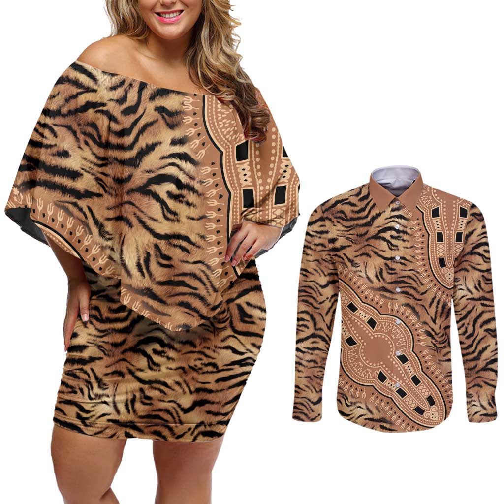 Africa Tiger Mix Dashiki Tribal Pattern Couples Matching Off Shoulder Short Dress and Long Sleeve Button Shirt LT9 - Wonder Print Shop